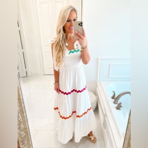 PALMS AWAY White Tiered Maxi Dress w Colorful Ric-Rac & Bow Straps - Picture 2 of 16
